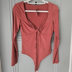 Express Pink Tie Front Fitted Bodysuit